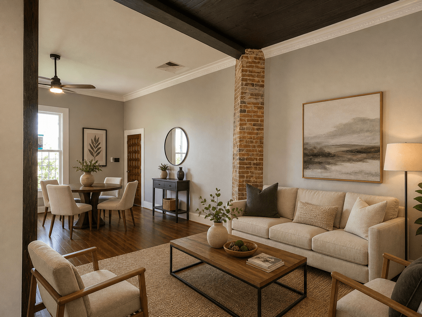 Main living and dining zone from the same sample home with cohesive whole-home staging